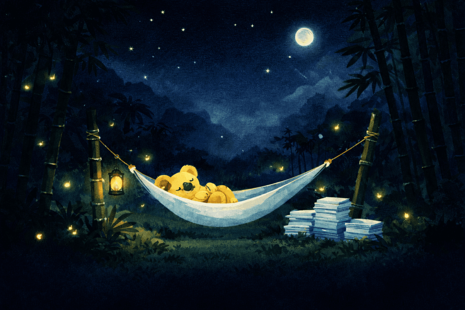 Sleeping koala in a hammock under the moonlight